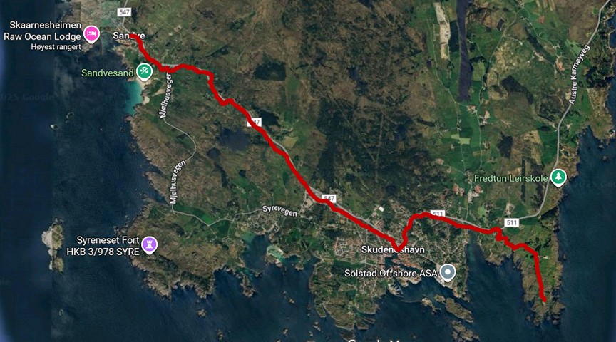 Kart fra Sandve via Falnes til Skude fyrlykt
